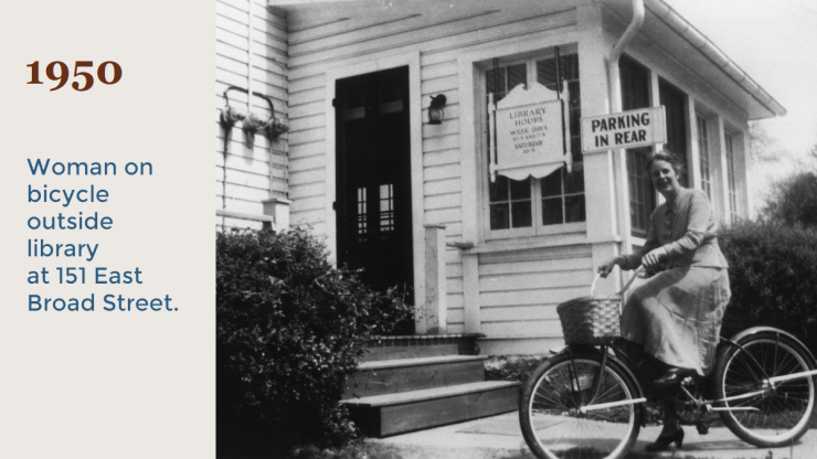 1950 Woman on bicycle outside library at 151 East Broad Street. 