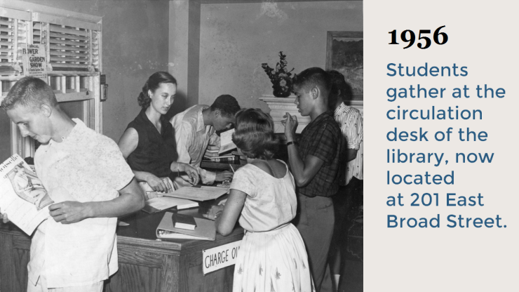 1956 Students gather at the Circulation Desk of the library, now located at 201 East Broad Street. 