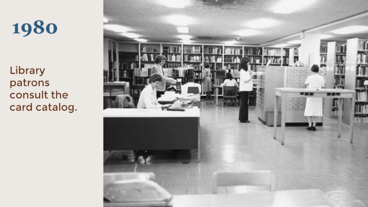 1980 Library patrons consult the card catalog. 