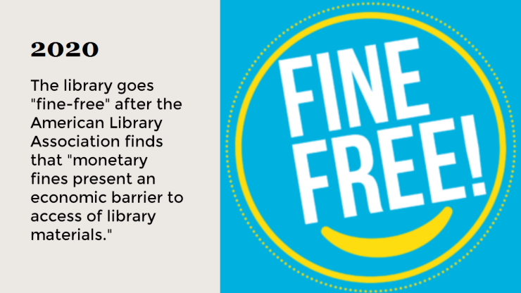 2020 The library goes "fine-free" after the American Library Association finds that "monetary fines present an economic barrier to access of library materials." 